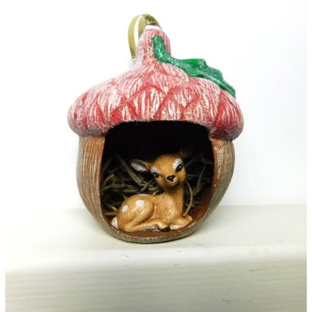 Christmas Diorama Ornament Reindeer in Acorn & Moss Ceramic Hanging